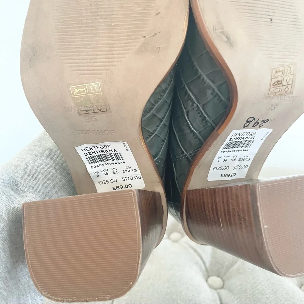 Topshop Dark Green Croc-Embossed Heeled Boots - Picture 6 of 9